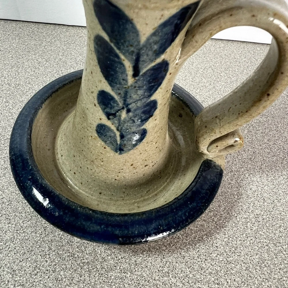Vintage Salt Glazed Stoneware Candlestick‎ Candle Holder W/Finger Loop 4”